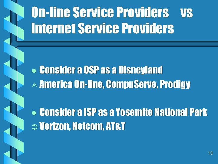 On-line Service Providers vs Internet Service Providers Consider a OSP as a Disneyland Ù