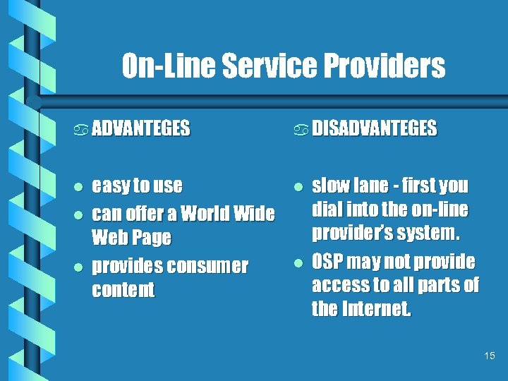On-Line Service Providers a ADVANTEGES l l l easy to use can offer a