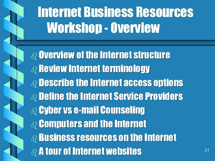 Internet Business Resources Workshop - Overview b Overview of the Internet structure b Review