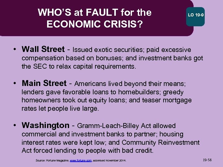 WHO’S at FAULT for the ECONOMIC CRISIS? LO 19 -9 • Wall Street -