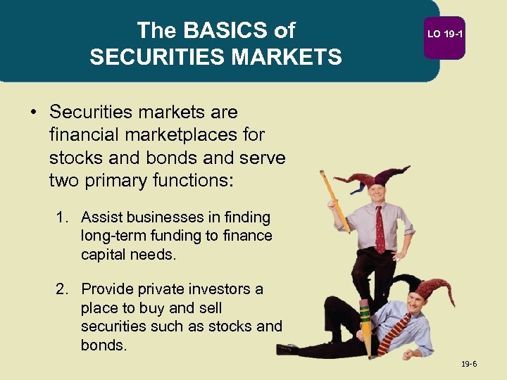 The BASICS of SECURITIES MARKETS LO 19 -1 • Securities markets are financial marketplaces