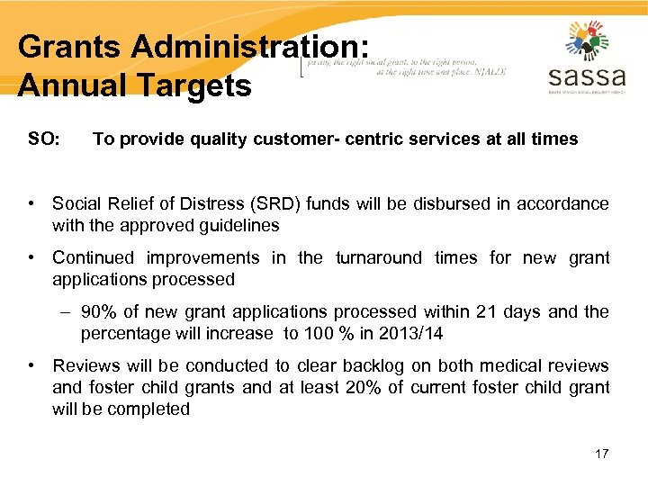 Grants Administration: Annual Targets SO: To provide quality customer- centric services at all times