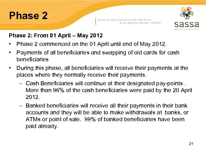 Phase 2: From 01 April – May 2012 • Phase 2 commenced on the