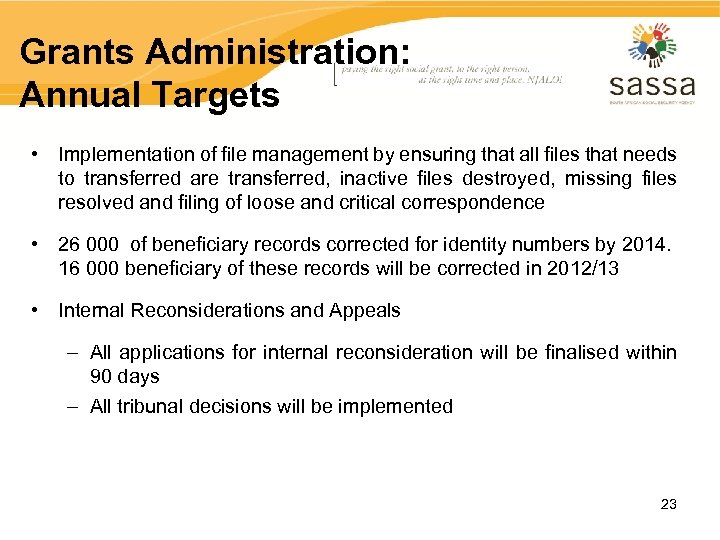 Grants Administration: Annual Targets • Implementation of file management by ensuring that all files