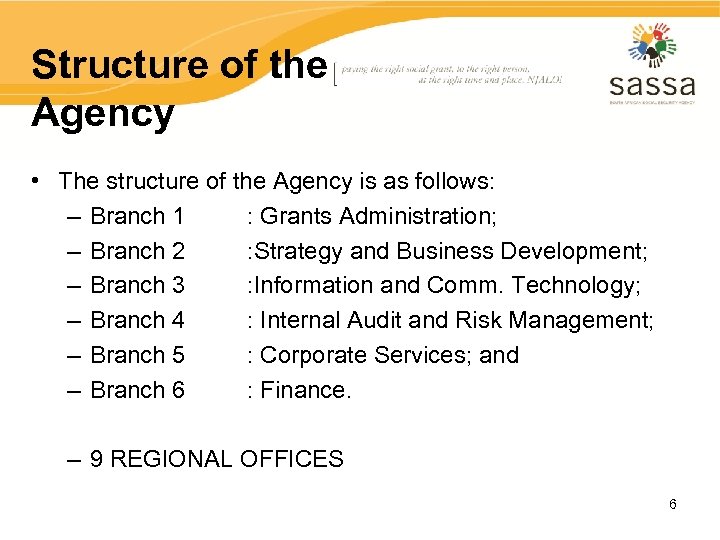 Structure of the Agency • The structure of the Agency is as follows: –