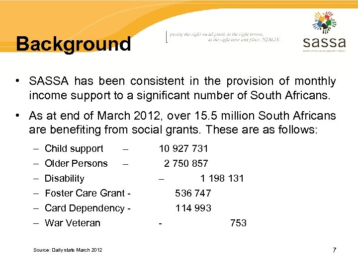 Background • SASSA has been consistent in the provision of monthly income support to