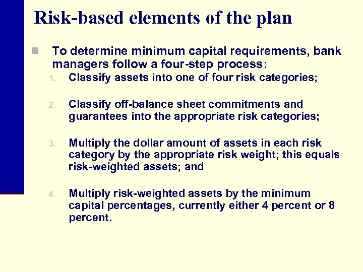 Risk-based elements of the plan n To determine minimum capital requirements, bank managers follow