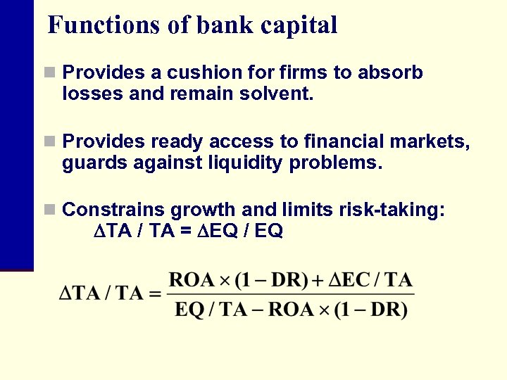Functions of bank capital n Provides a cushion for firms to absorb losses and