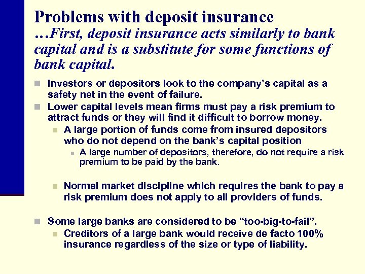 Problems with deposit insurance …First, deposit insurance acts similarly to bank capital and is