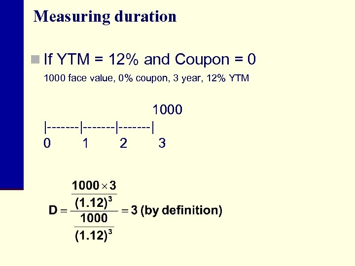 Measuring duration n If YTM = 12% and Coupon = 0 1000 face value,