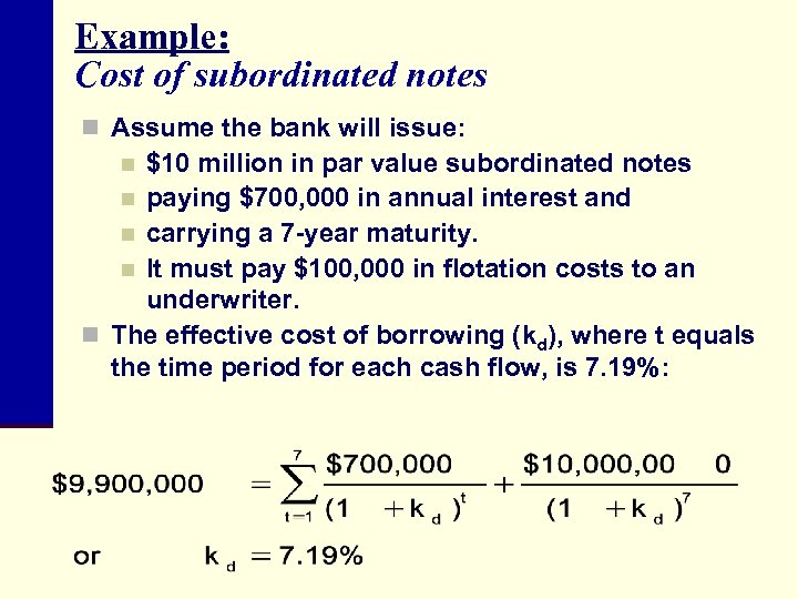 Example: Cost of subordinated notes n Assume the bank will issue: $10 million in