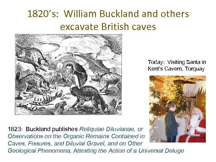 1820’s: William Buckland others excavate British caves Today: Visiting Santa in Kent’s Cavern, Torquay