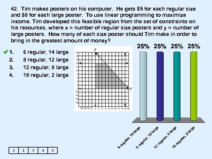 42. Tim makes posters on his computer. He gets $5 for each regular size