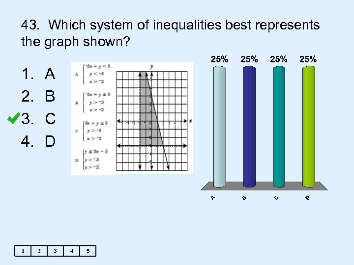 43. Which system of inequalities best represents the graph shown? 1. 2. 3. 4.