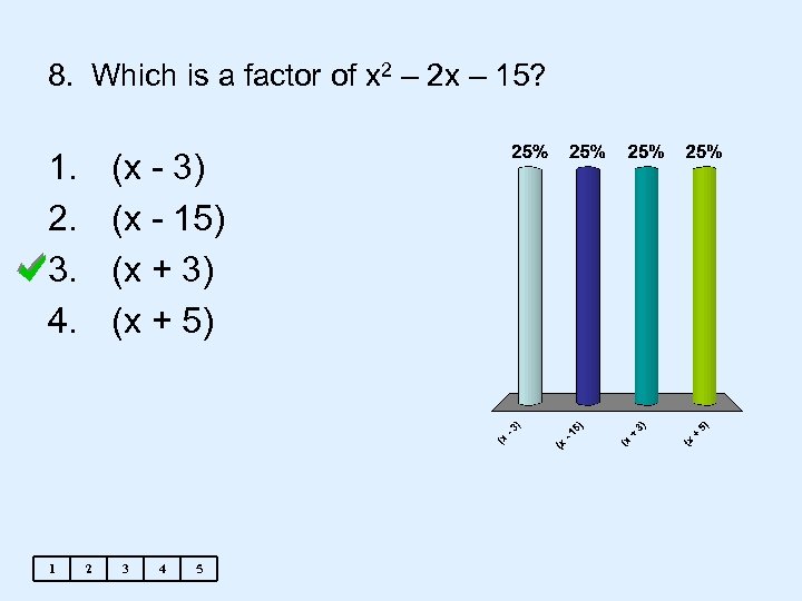 8. Which is a factor of x 2 – 2 x – 15? 1.