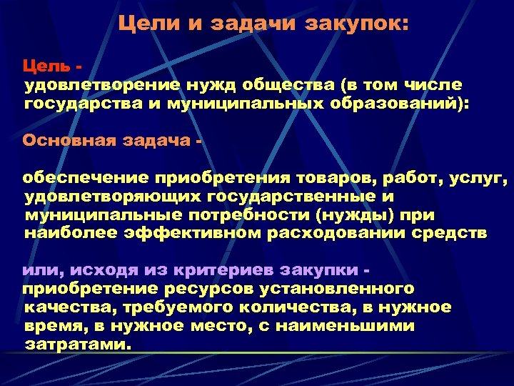 Цели и задачи закупок: Цель удовлетворение нужд общества (в том числе государства и муниципальных