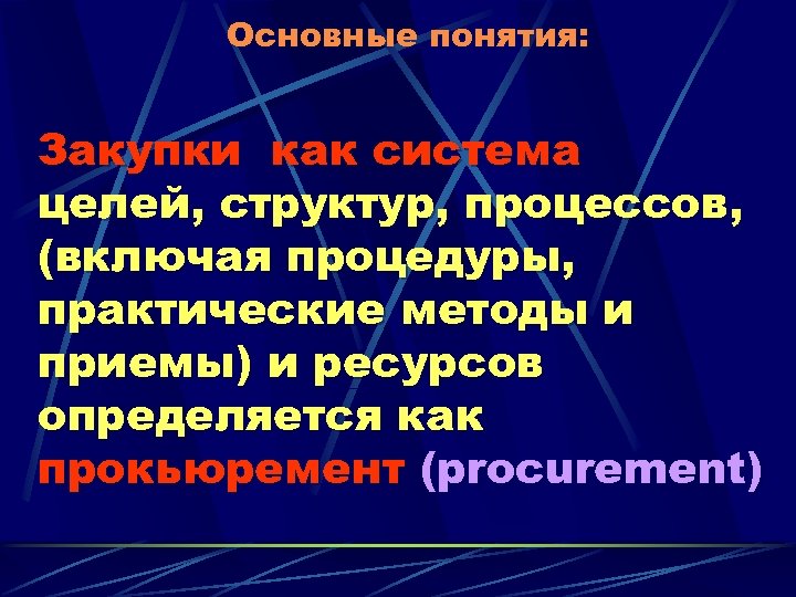 Основные понятия: Закупки как система целей, структур, процессов, (включая процедуры, практические методы и приемы)