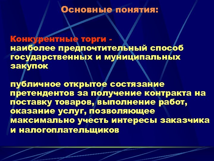 Основные понятия: Конкурентные торги наиболее предпочтительный способ государственных и муниципальных закупок публичное открытое состязание