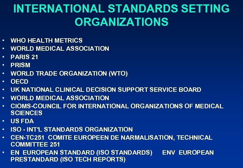 INTERNATIONAL STANDARDS SETTING ORGANIZATIONS • • • • WHO HEALTH METRICS WORLD MEDICAL ASSOCIATION