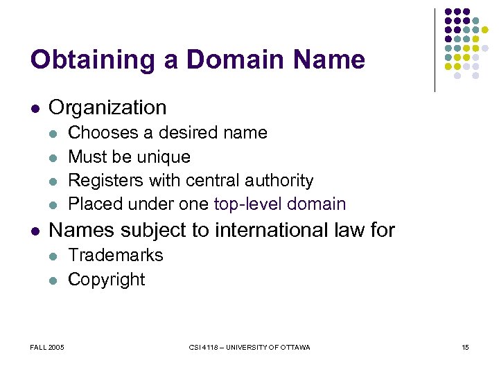 Obtaining a Domain Name l Organization l l l Chooses a desired name Must
