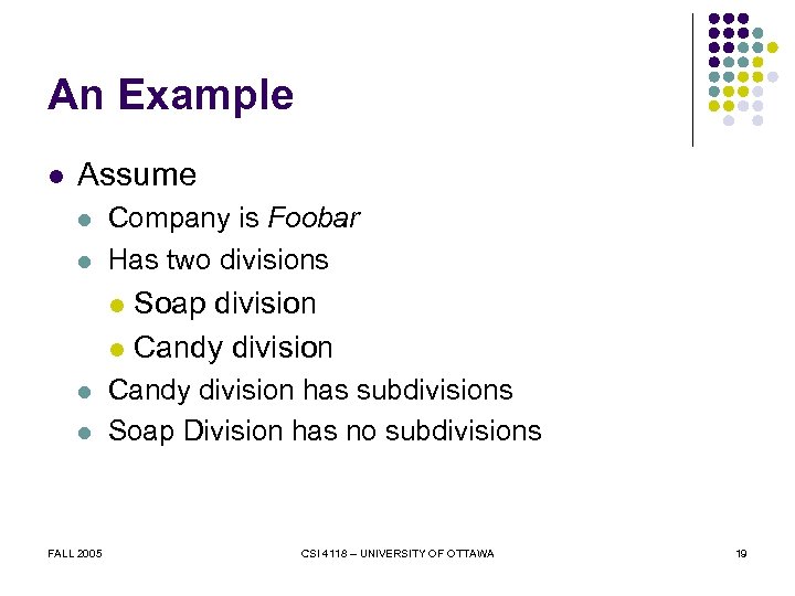 An Example l Assume l l Company is Foobar Has two divisions Soap division