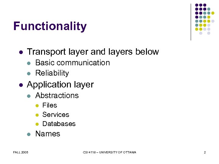 Functionality l Transport layer and layers below l l l Basic communication Reliability Application