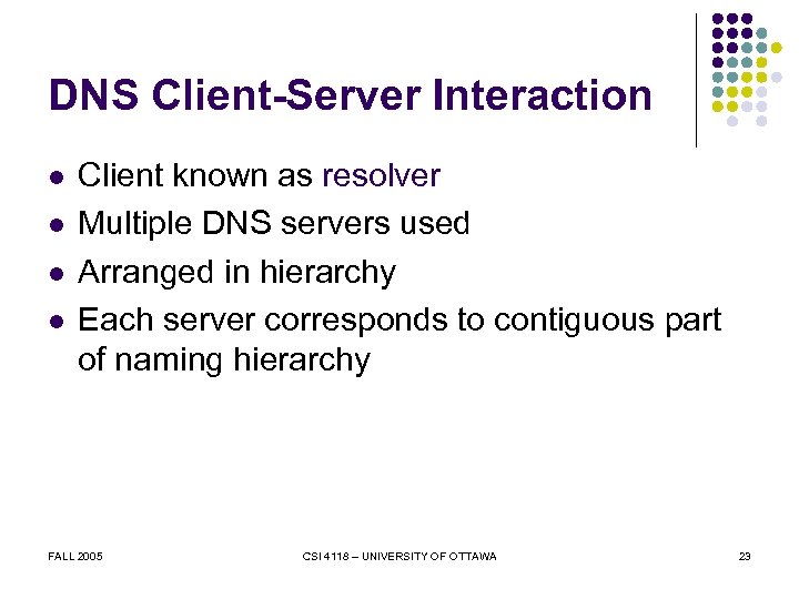 DNS Client-Server Interaction l l Client known as resolver Multiple DNS servers used Arranged