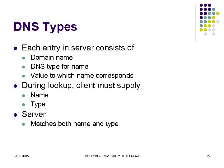 DNS Types l Each entry in server consists of l l During lookup, client