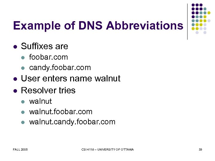 Example of DNS Abbreviations l Suffixes are l l foobar. com candy. foobar. com