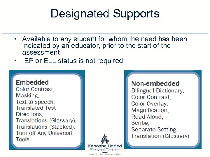 Designated Supports • Available to any student for whom the need has been indicated