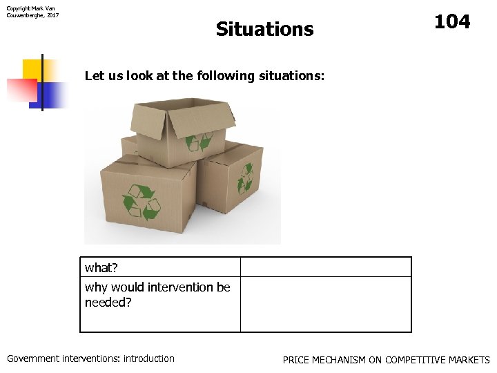 Copyright Mark Van Couwenberghe, 2017 Situations 104 Let us look at the following situations: