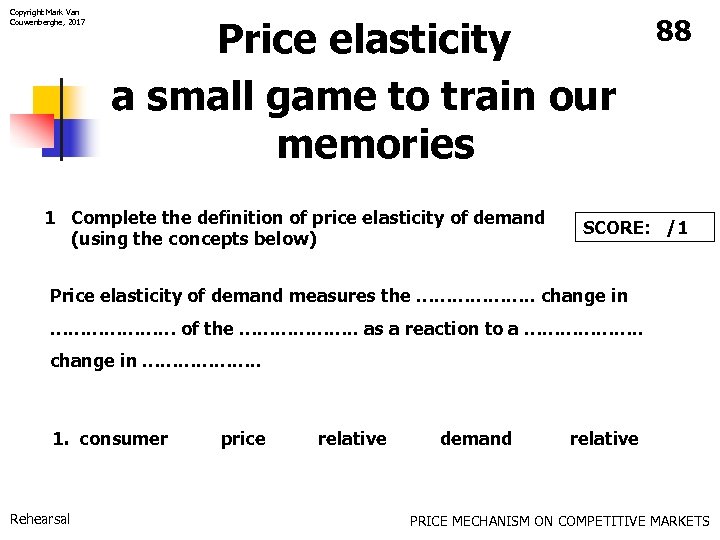 Copyright Mark Van Couwenberghe, 2017 Price elasticity a small game to train our memories