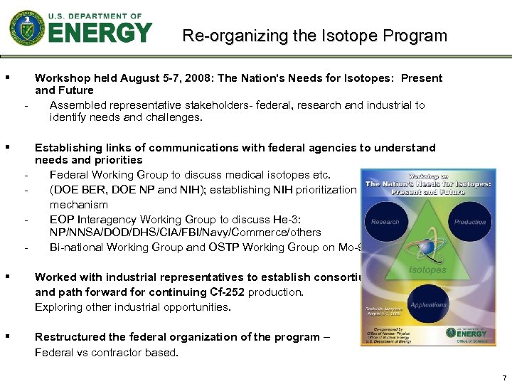 Re-organizing the Isotope Program § Workshop held August 5 -7, 2008: The Nation's Needs