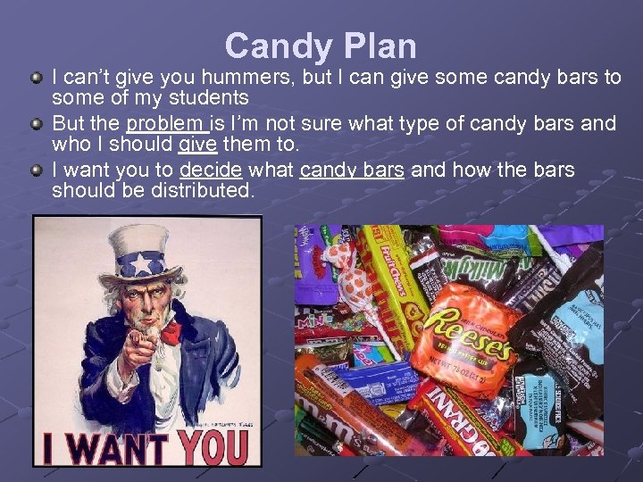 Candy Plan I can’t give you hummers, but I can give some candy bars