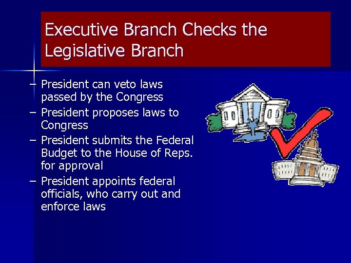Executive Branch Checks the Legislative Branch – President can veto laws passed by the