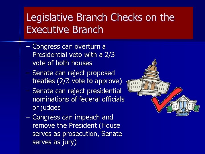 Legislative Branch Checks on the Executive Branch – Congress can overturn a Presidential veto