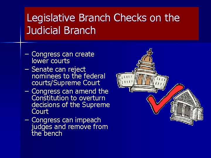 Legislative Branch Checks on the Judicial Branch – Congress can create lower courts –