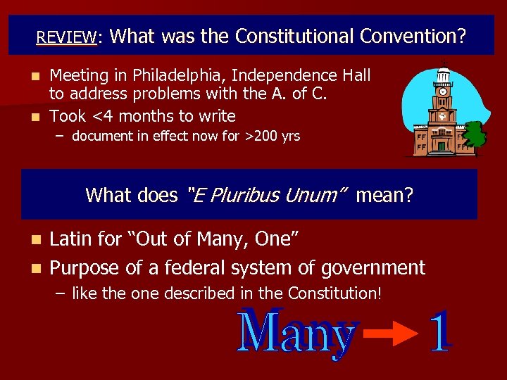 REVIEW: What was the Constitutional Convention? Meeting in Philadelphia, Independence Hall to address problems