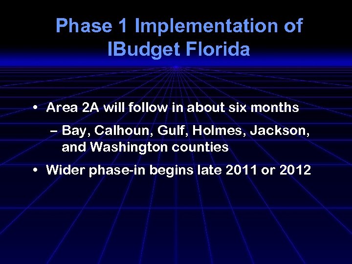 Phase 1 Implementation of IBudget Florida • Area 2 A will follow in about