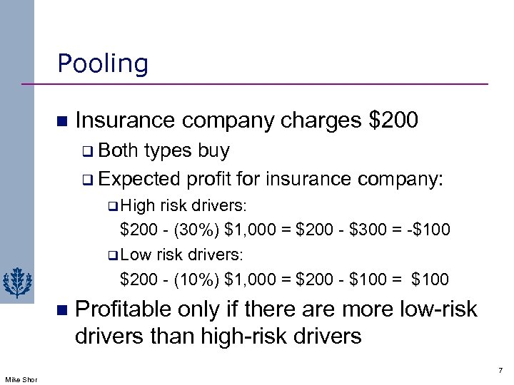 Pooling n Insurance company charges $200 q Both types buy q Expected profit for
