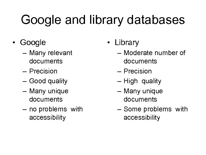 Google and library databases • Google – Many relevant documents – Precision – Good