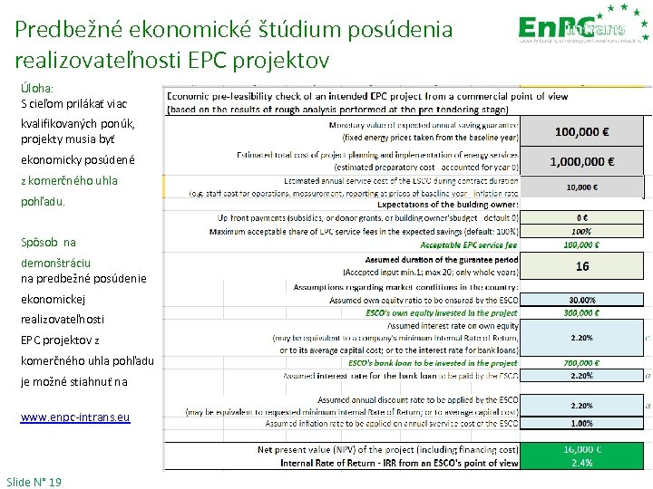 Predbežné ekonomické štúdium posúdenia realizovateľnosti EPC projektov Úloha: S cieľom prilákať viac kvalifikovaných ponúk,