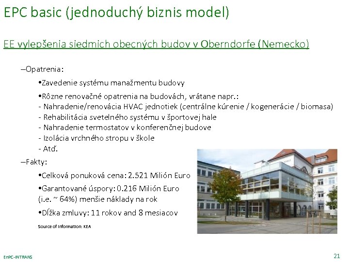 EPC basic (jednoduchý biznis model) EE vylepšenia siedmich obecných budov v Oberndorfe (Nemecko) –Opatrenia: