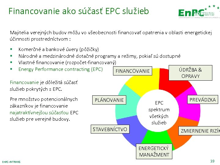 Financovanie ako súčasť EPC služieb Majitelia verejných budov môžu vo všeobecnosti financovať opatrenia v