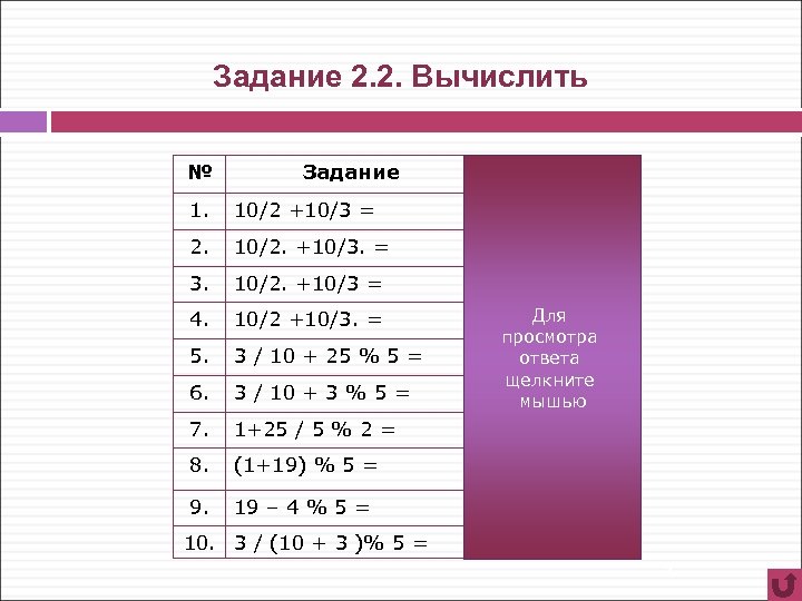 Задание 2. 2. Вычислить № Задание Ответ 1. 10/2 +10/3 = 8 2. 10/2.