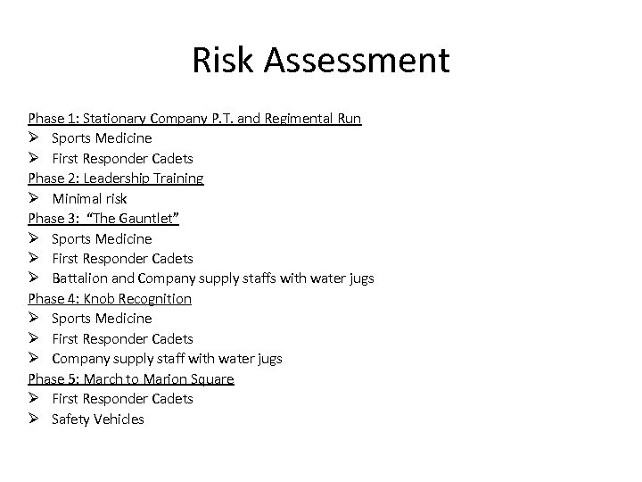 Risk Assessment Phase 1: Stationary Company P. T. and Regimental Run Ø Sports Medicine