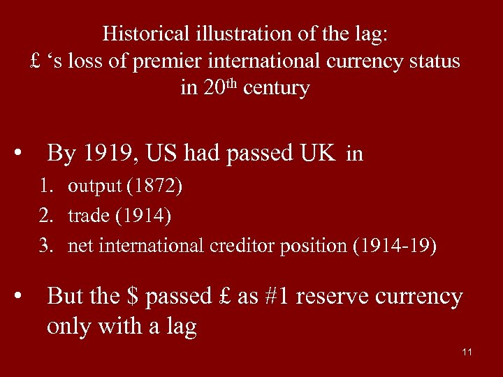 Historical illustration of the lag: £ ‘s loss of premier international currency status in