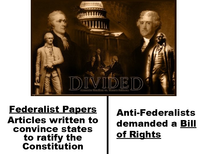 Federalist Papers Articles written to convince states to ratify the Constitution Anti-Federalists demanded a