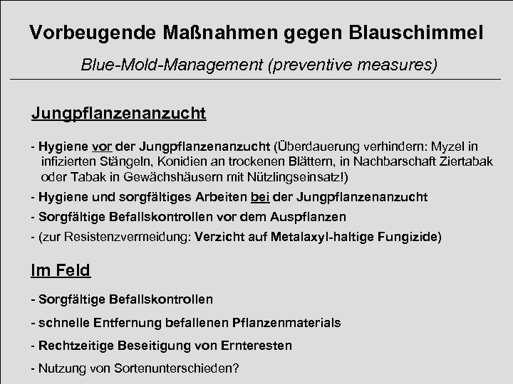Vorbeugende Maßnahmen gegen Blauschimmel Blue-Mold-Management (preventive measures) Jungpflanzenanzucht - Hygiene vor der Jungpflanzenanzucht (Überdauerung