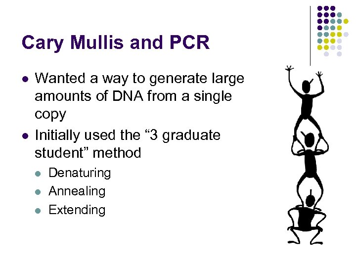 Cary Mullis and PCR l l Wanted a way to generate large amounts of